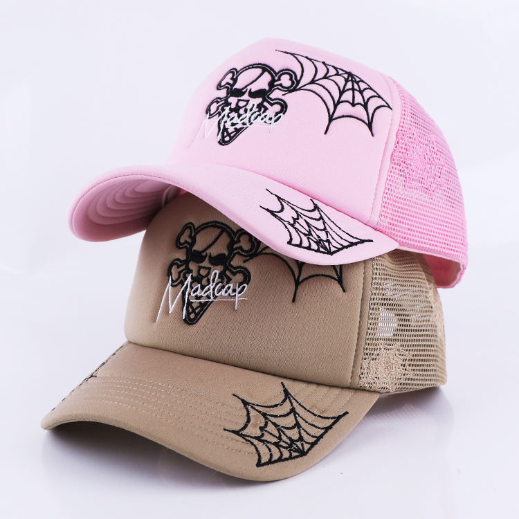 Pink and Khaki Skull Spider Web Mesh Trucker Cap