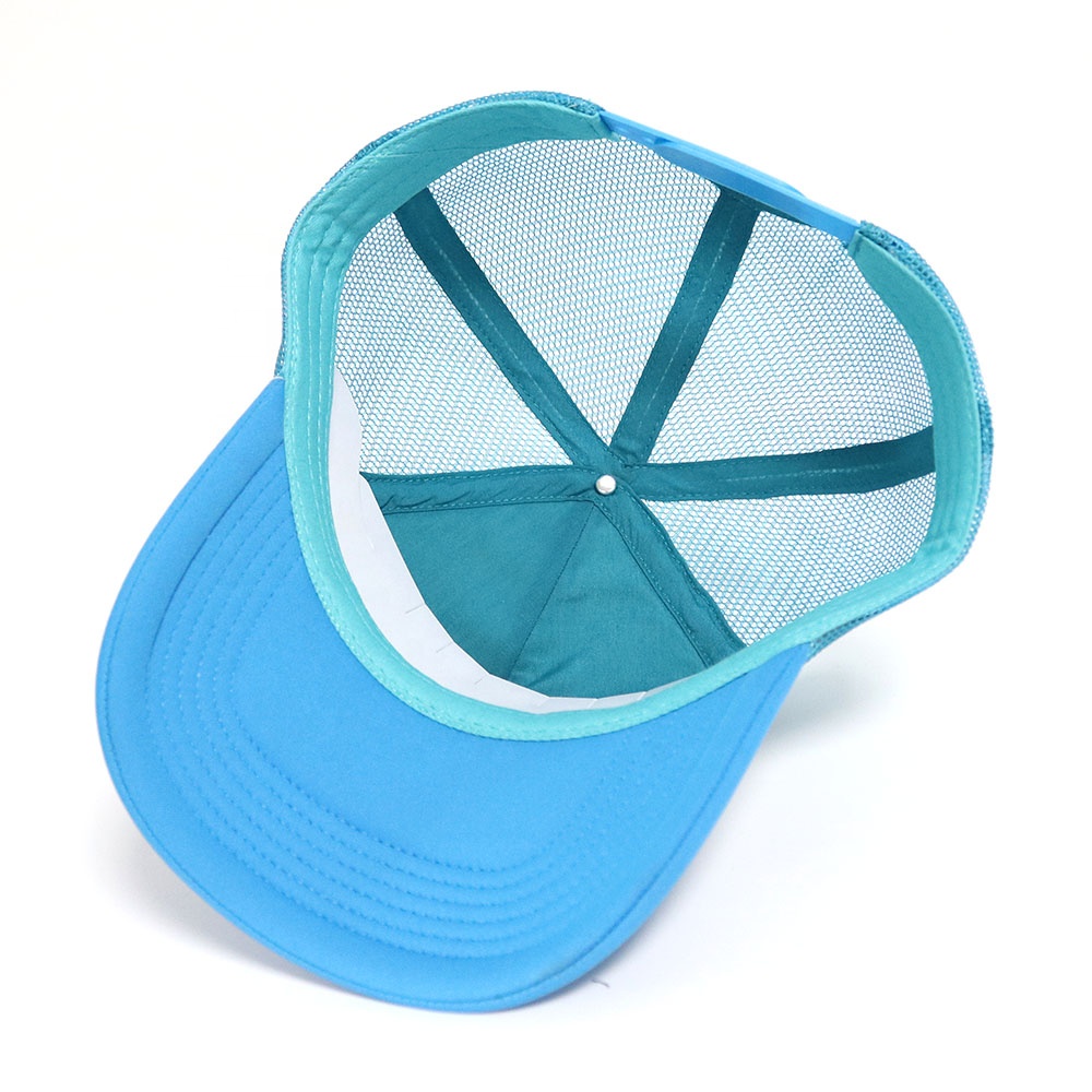 Blue White Foam Trucker Hat Oval Patch Embroidered Logo Mesh Back Cap