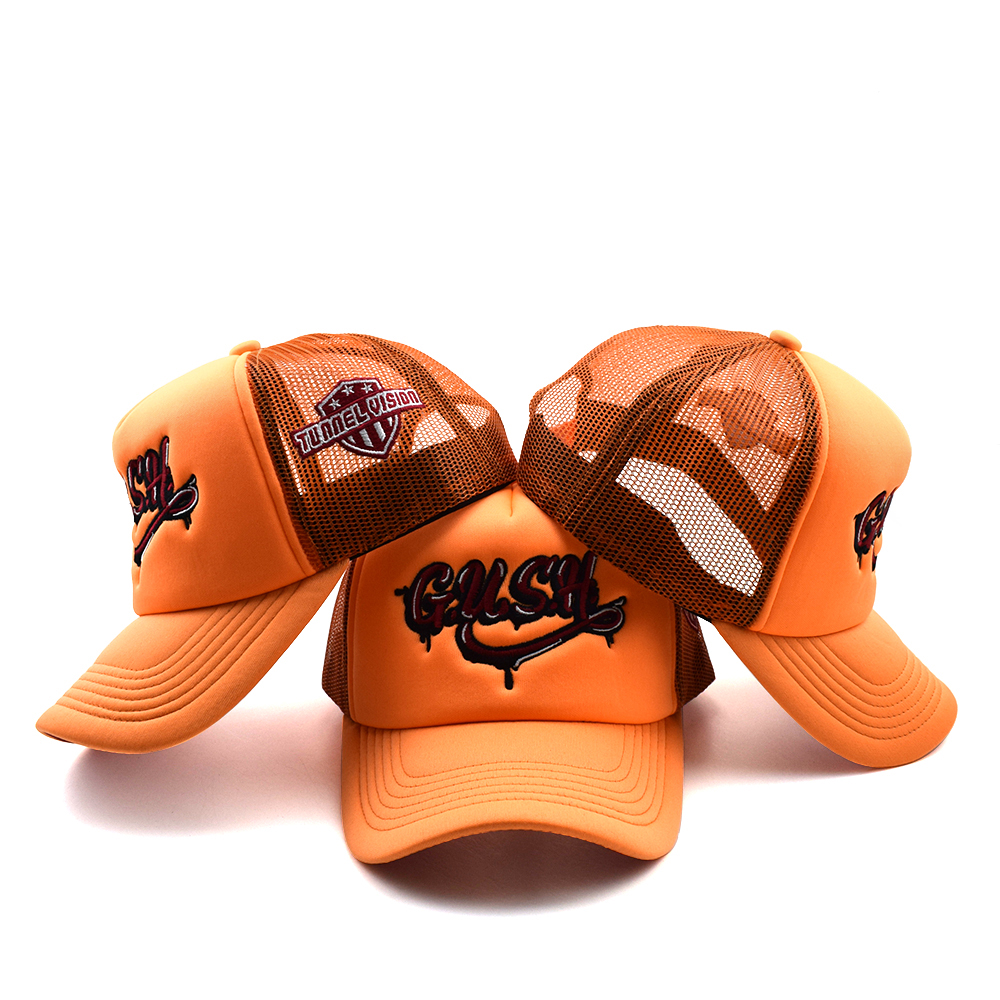 Orange Mesh Back Trucker Cap with Embroidered Letter Logo 5 Panel Snapback Hat