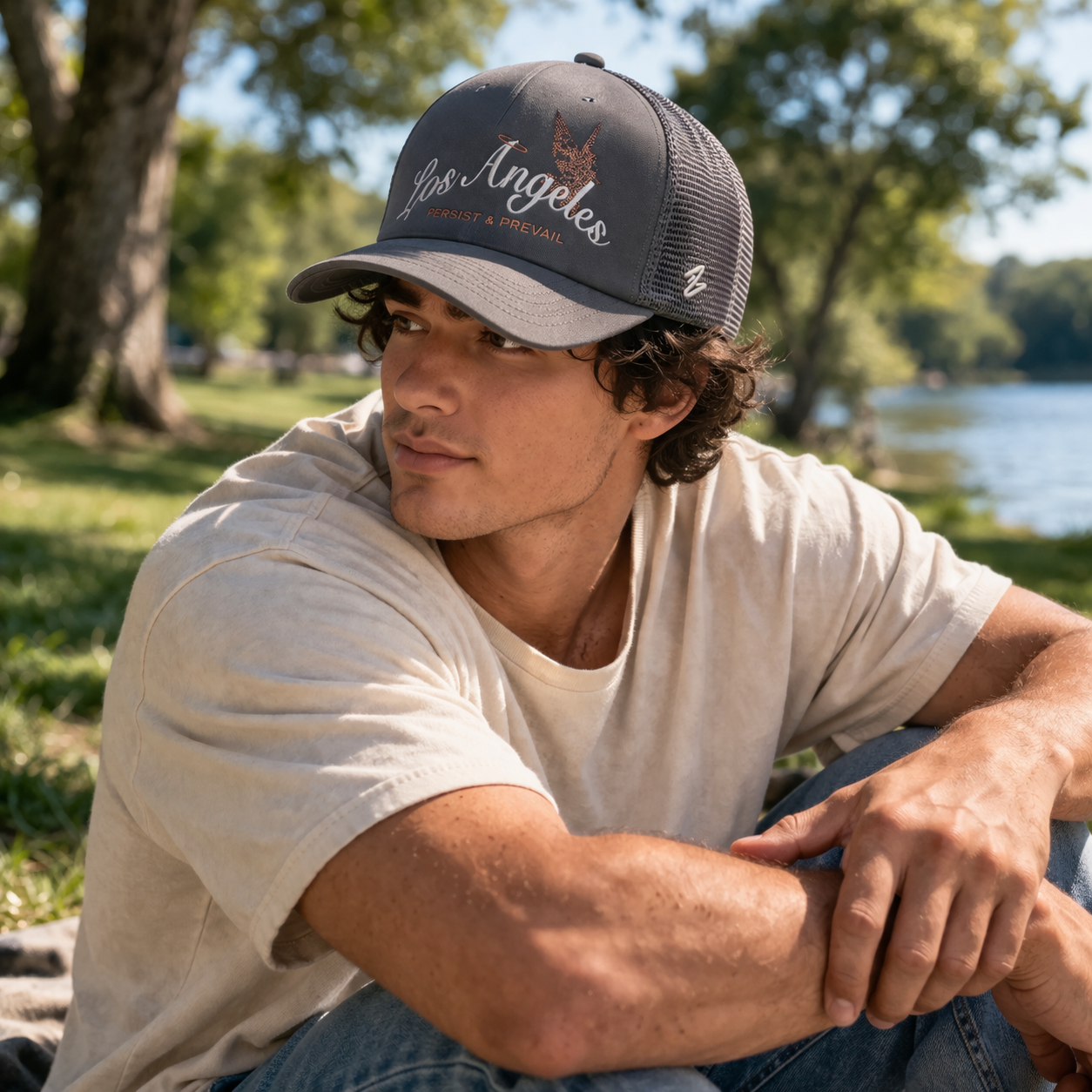 Grey Los Angeles Script Embroidered Mesh Trucker Cap with Angel Graphic