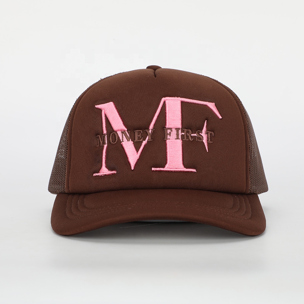 MT Name First Brown & Black 5-Panel Mesh Trucker Hat with Flat Embroidery