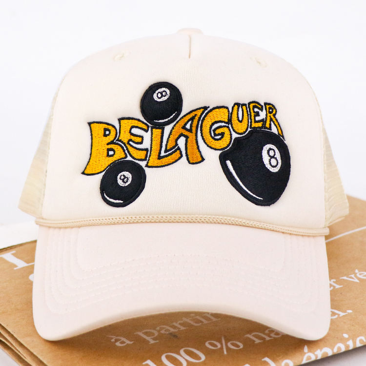 Belager 8 Ball Cream 5 Panel Trucker Cap with Embroidered Logo