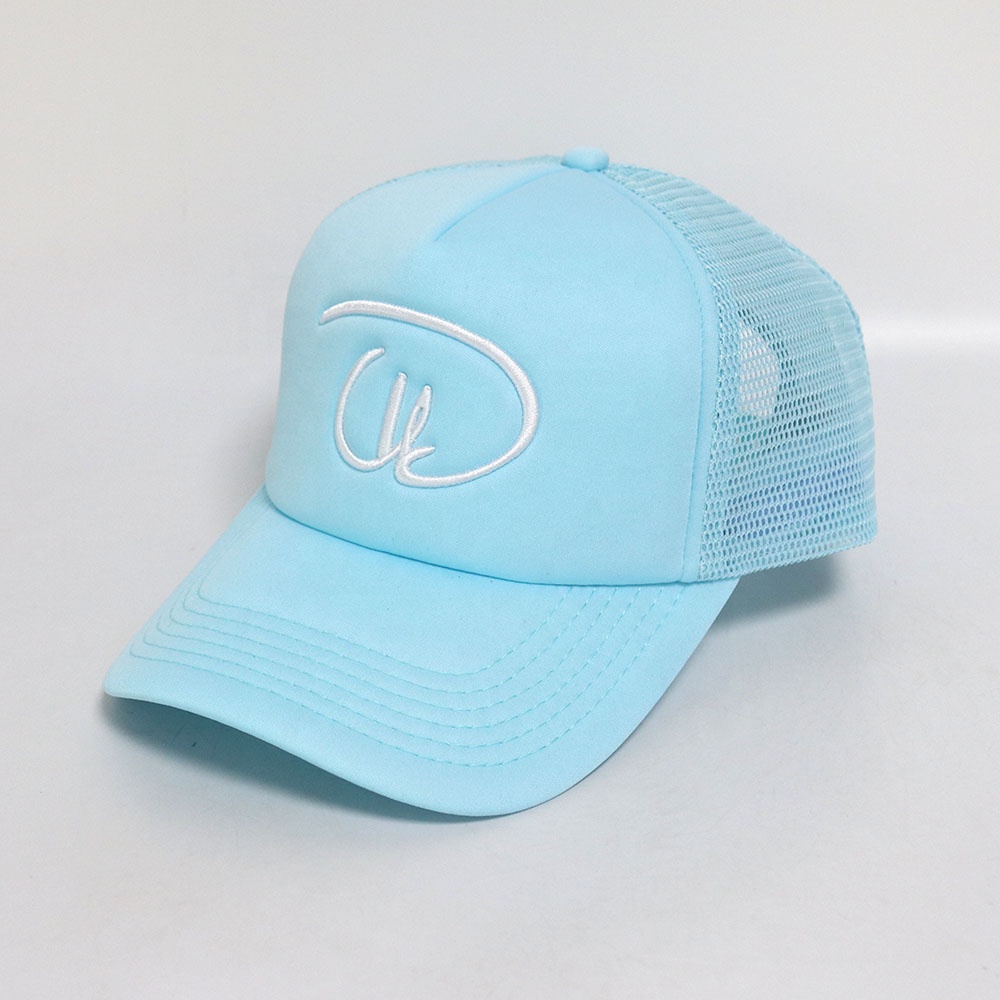 Light Blue Script Logo Mesh Trucker Cap with Curved Brim