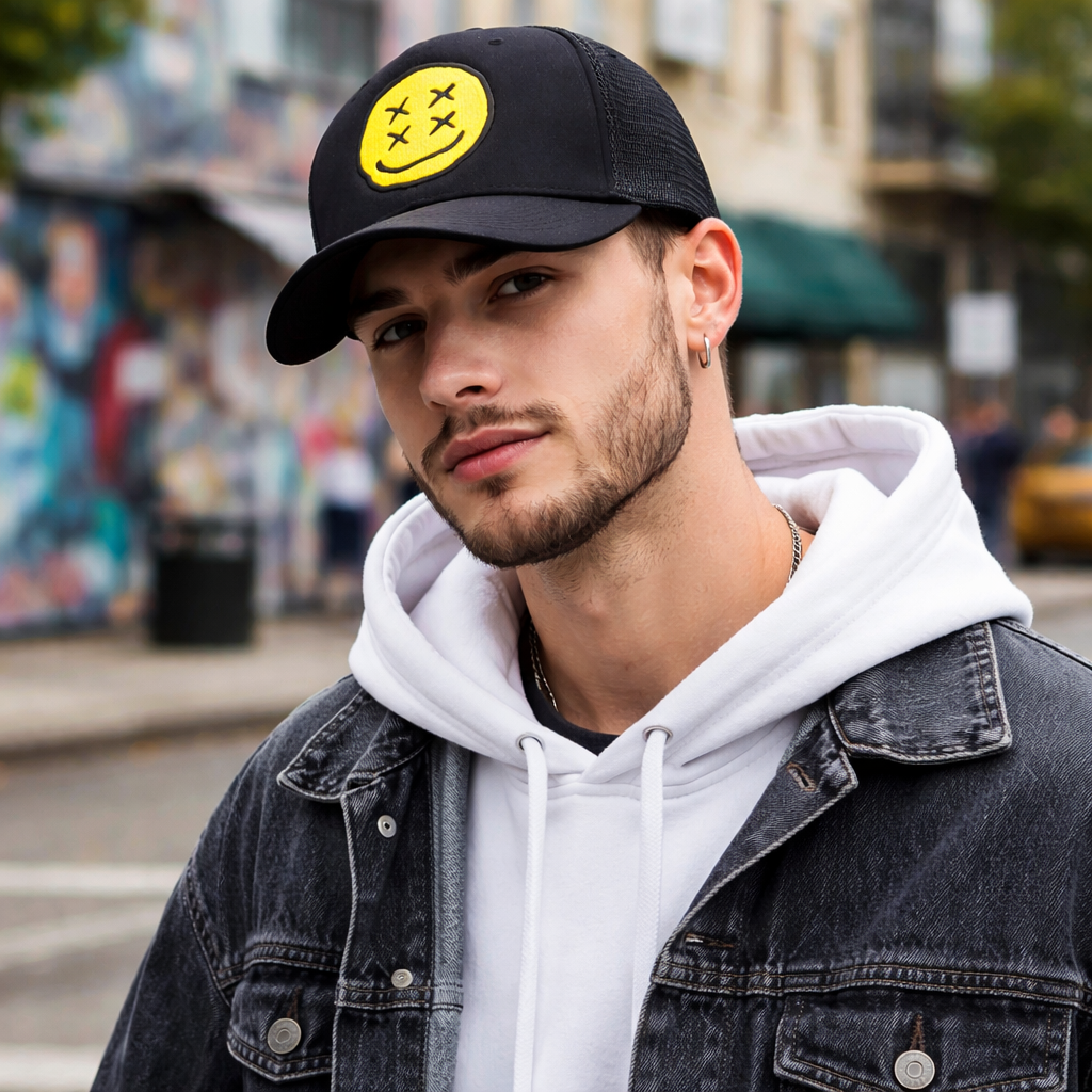 Black Smiley Face Patch Mesh Trucker Cap Casual Street Style Adjustable Hat