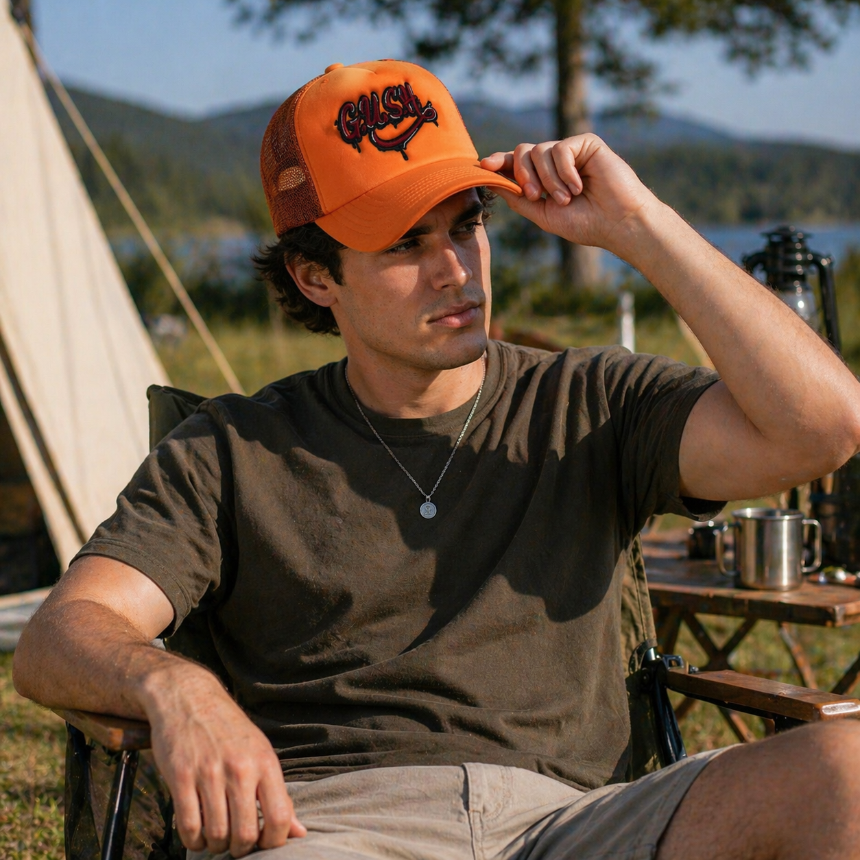 Orange Mesh Back Trucker Cap with Embroidered Letter Logo 5 Panel Snapback Hat