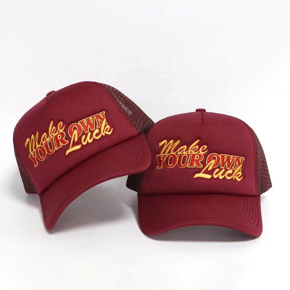 Burgundy Mesh-Back Trucker Cap with Raised Make Your Own Luck Embroidery