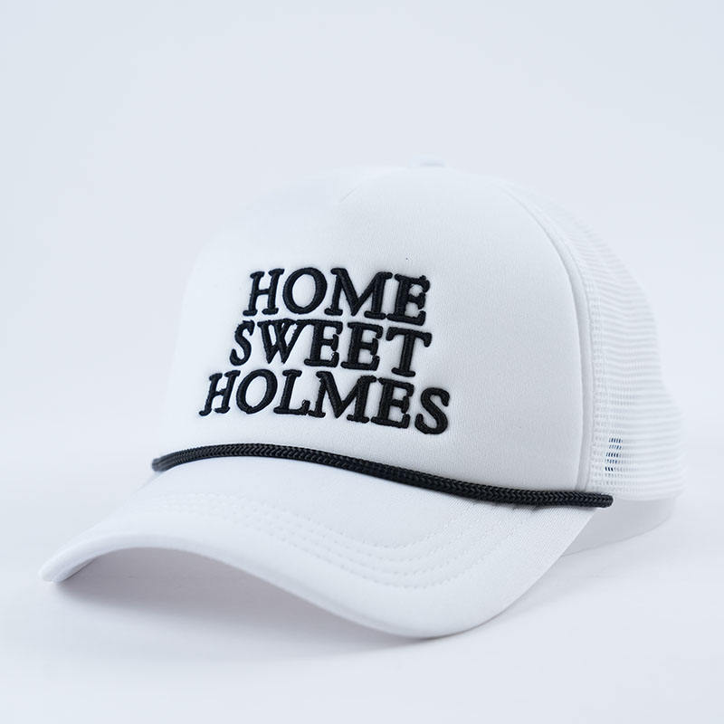 White Slogan Foam Trucker Cap with Mesh Back and Rope Detail