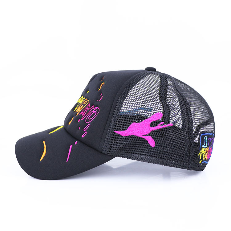 Black 5 Panel Foam Trucker Hat with Colorful Flat Embroidery Graphic Design