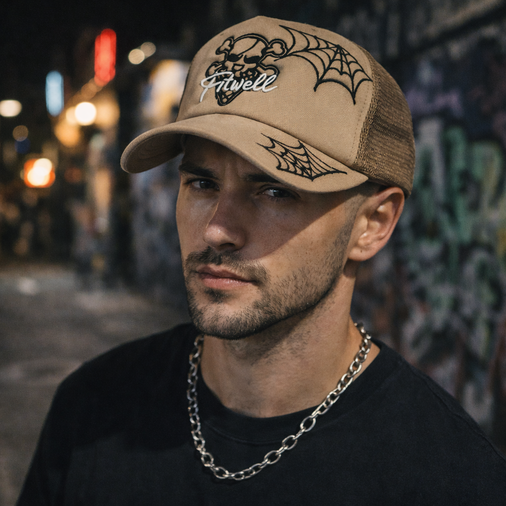 Pink and Khaki Skull Spider Web Mesh Trucker Cap