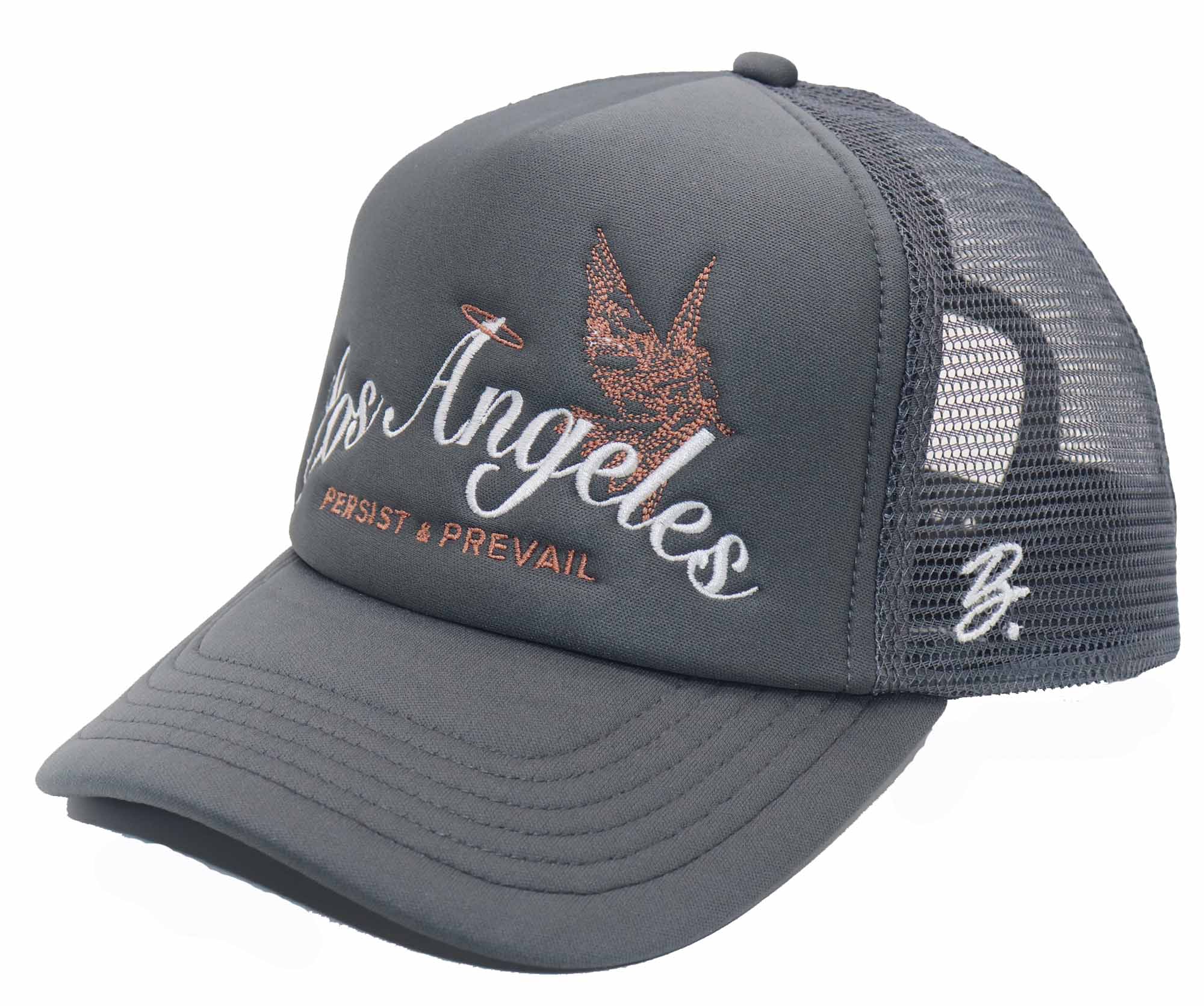 Grey Los Angeles Script Embroidered Mesh Trucker Cap with Angel Graphic