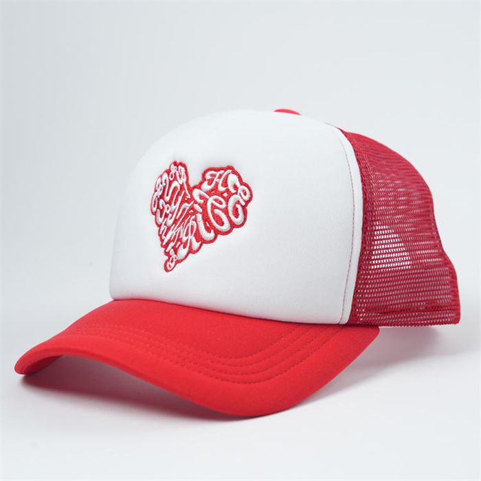 Red & White Foam Trucker Hat with Heart Logo – 5 Panel Mesh Cap