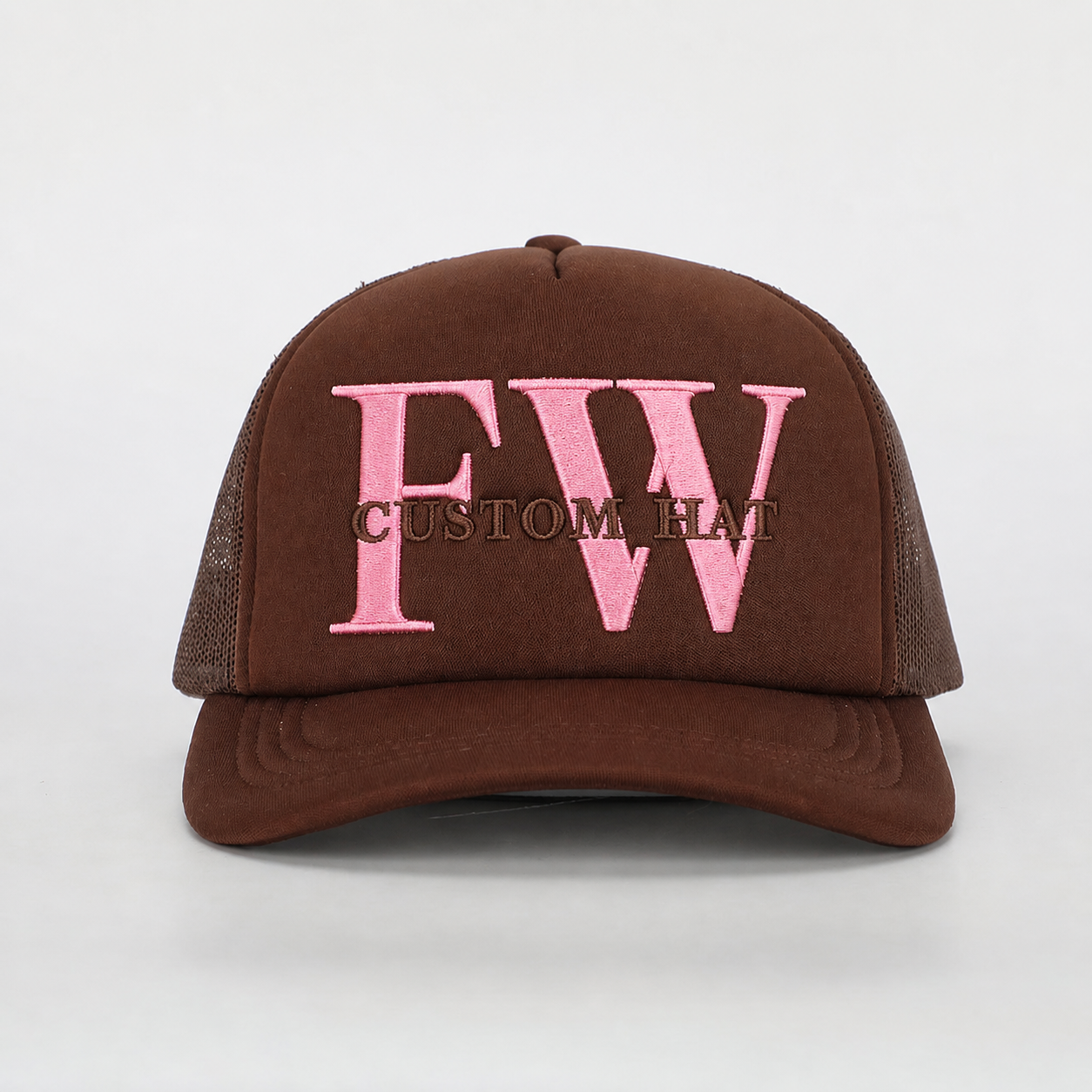 MT Name First Brown & Black 5-Panel Mesh Trucker Hat with Flat Embroidery