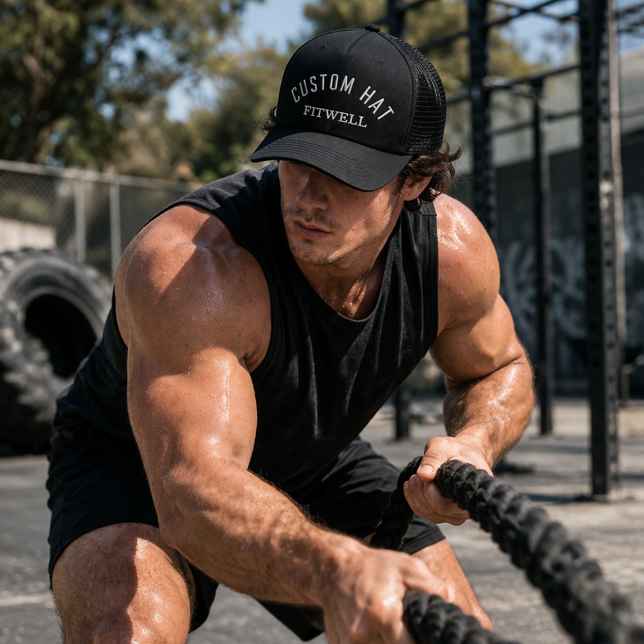 Black Mesh Back Curved Brim Trucker Cap with Embroidered Letter Design