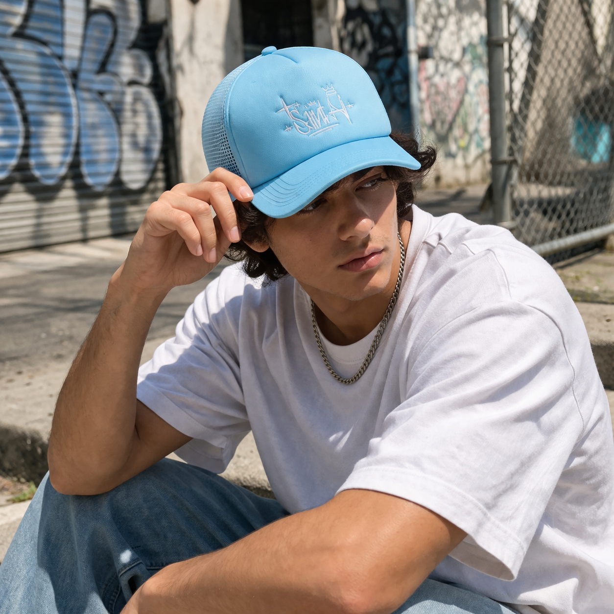 Sky Blue Foam Trucker Cap with Flat Embroidered Script Logo
