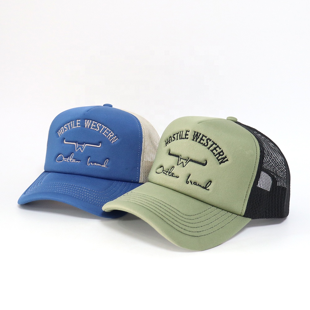 Western Style Embroidered Foam Trucker Hat with Mesh Back and Curved Brim
