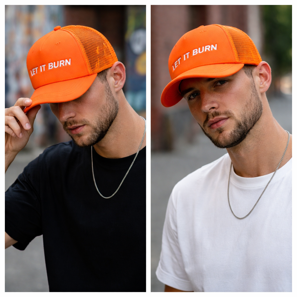 LET IT BURN 5-Panel Foam Mesh Trucker Hat with Flat Embroidery