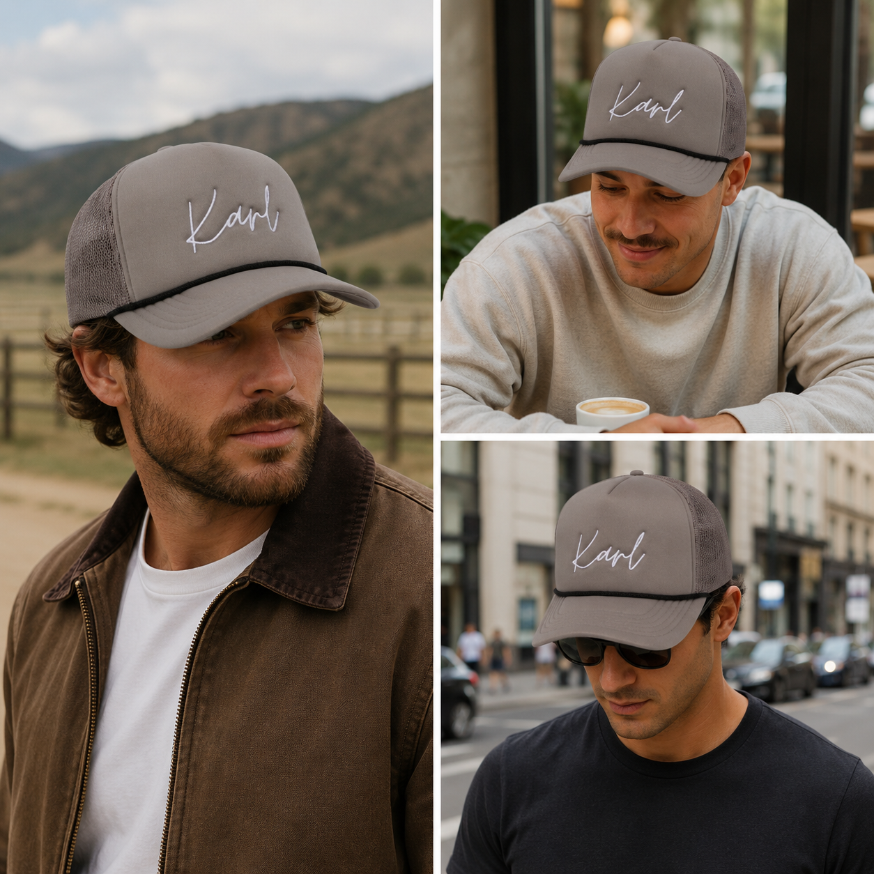 Karl Taupe Foam Mesh Trucker Hat with Flat Embroidery