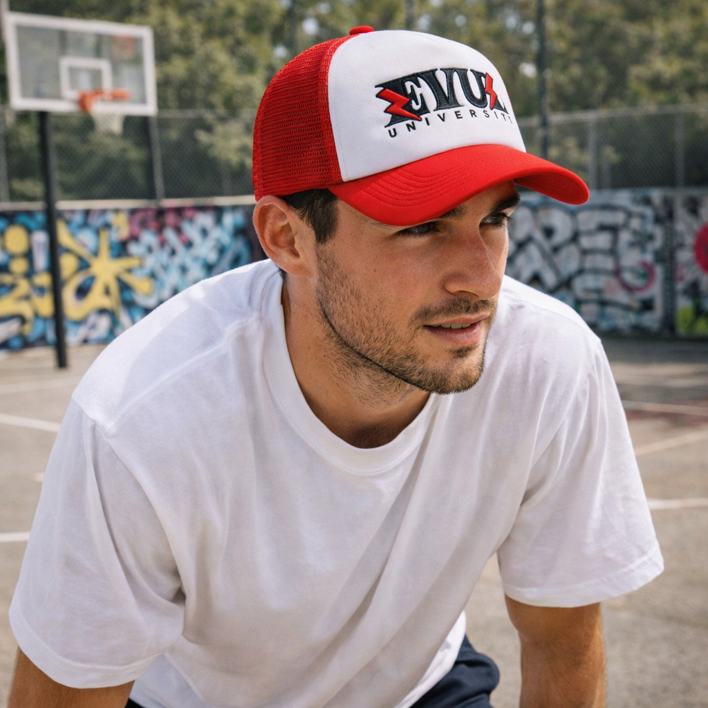Red and White Foam Trucker Hat with Bold University Embroidery