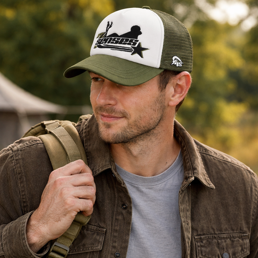 Green & White Foam Mesh Trucker Cap with Star Graphic Embroidery
