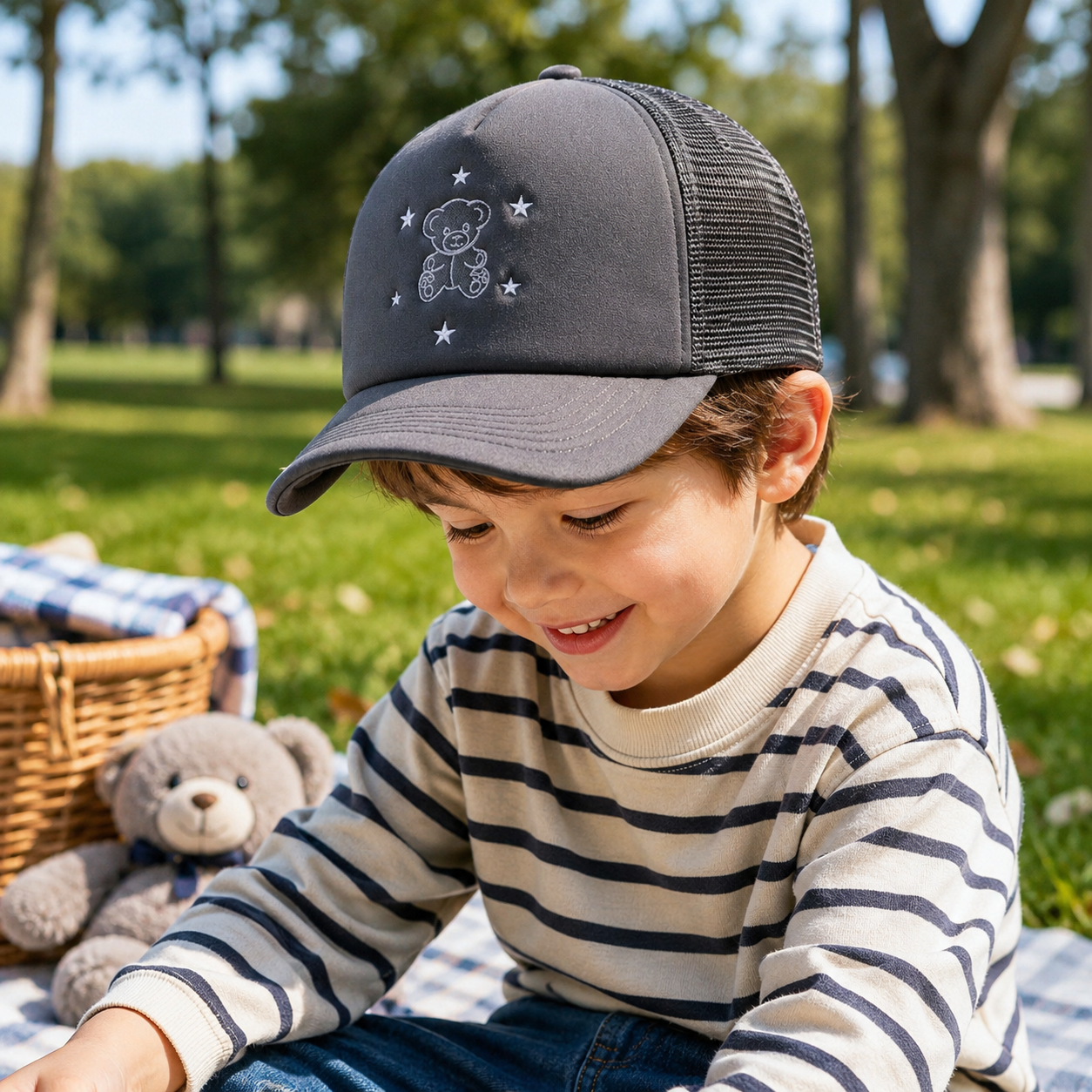 Charcoal Foam Trucker Hat with Teddy Bear Star Embroidery