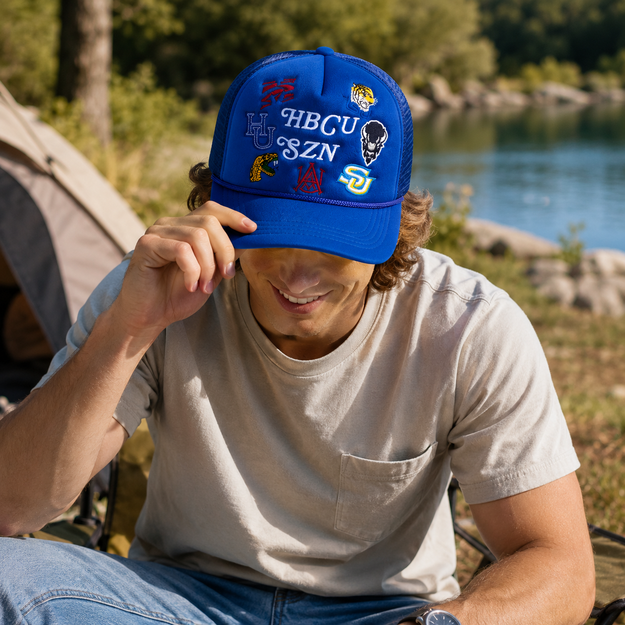 Royal Blue HBCU Multi Logo Embroidered Foam Trucker Hat with Rope Detail