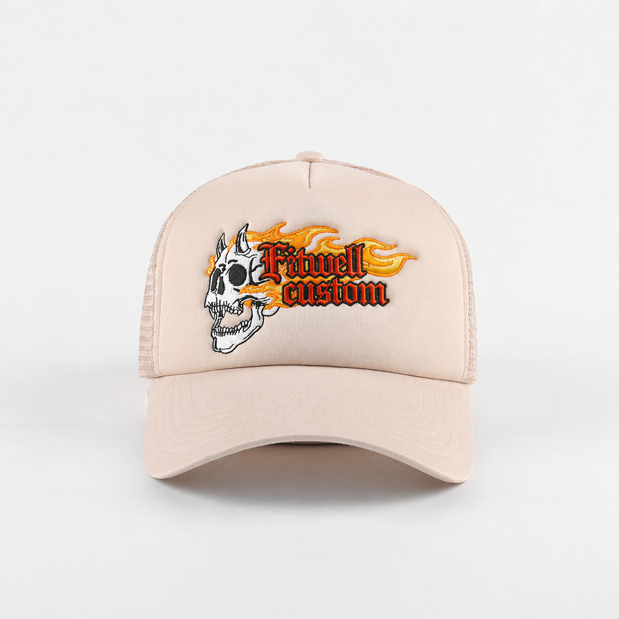Skull Flame Embroidered Foam Mesh Trucker Cap
