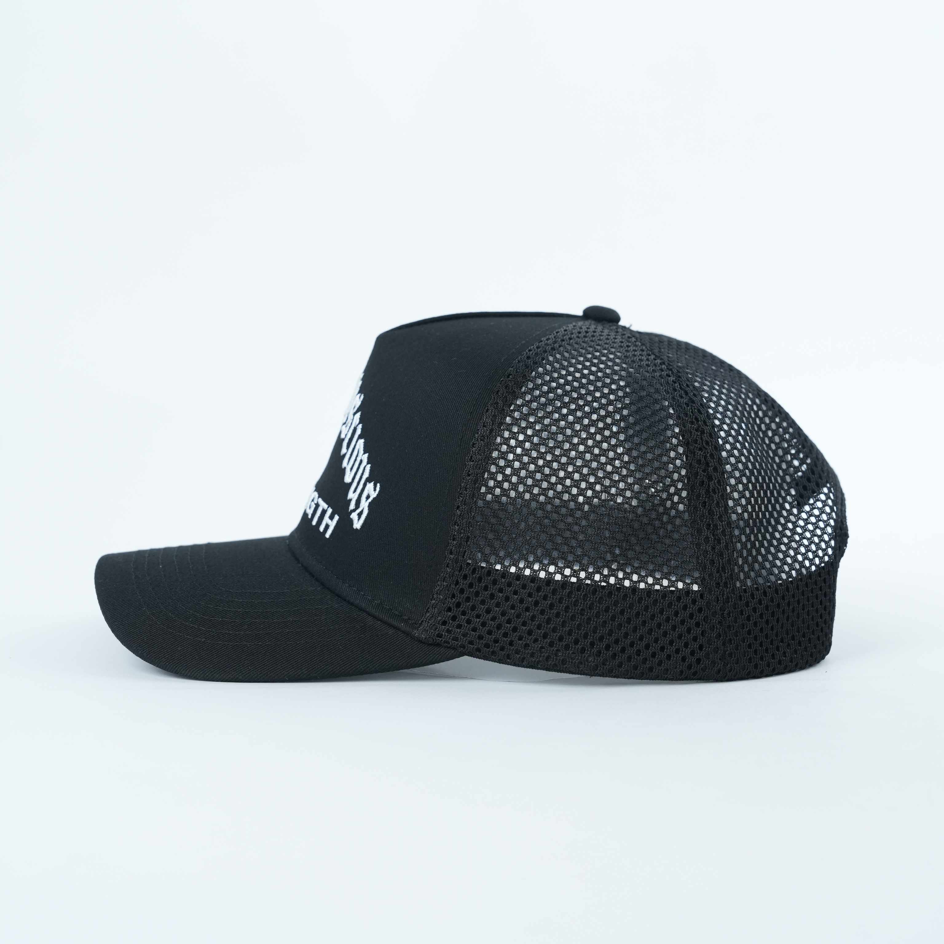 Black Mesh Trucker Hat with White Strength Embroidery