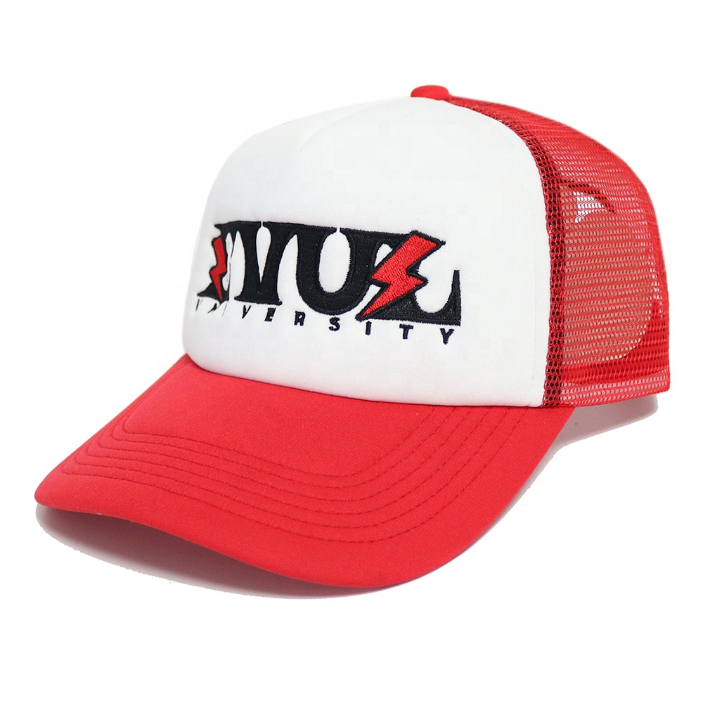 Red and White Foam Trucker Hat with Bold University Embroidery