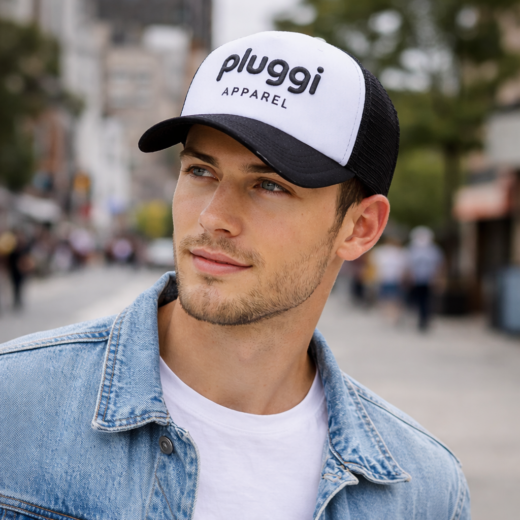 White & Black Mesh Trucker Hat with Raised Embroidered Logo