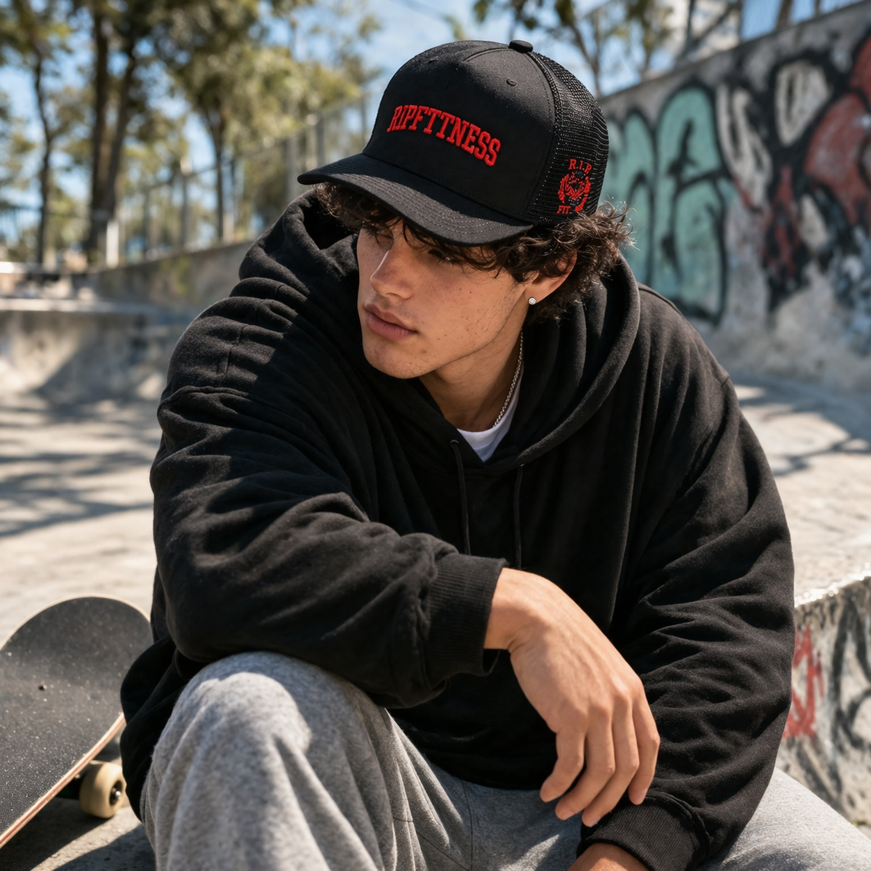 Black Foam Mesh Trucker Cap with RIPFITNESS & SCHEME Embroidered Logo