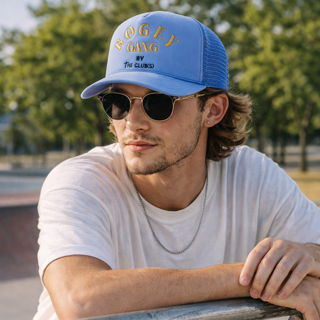 Blue BOGEY GANG Embroidered Mesh Trucker Hat with Curved Brim