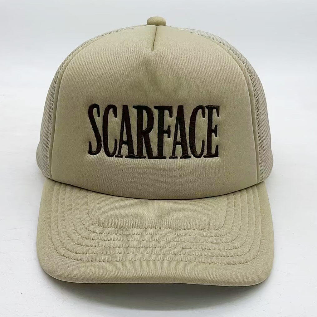 Beige SCARFACE Embroidered Mesh Trucker Cap Adjustable Casual Street Hat