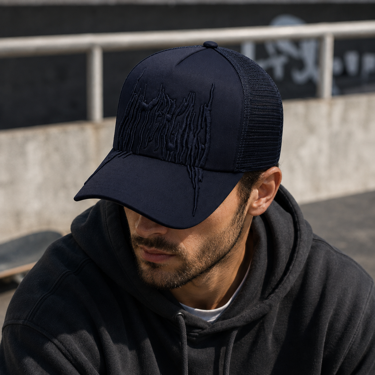 Midnight Black Tonal Gothic Flame Embroidered Mesh Trucker Cap