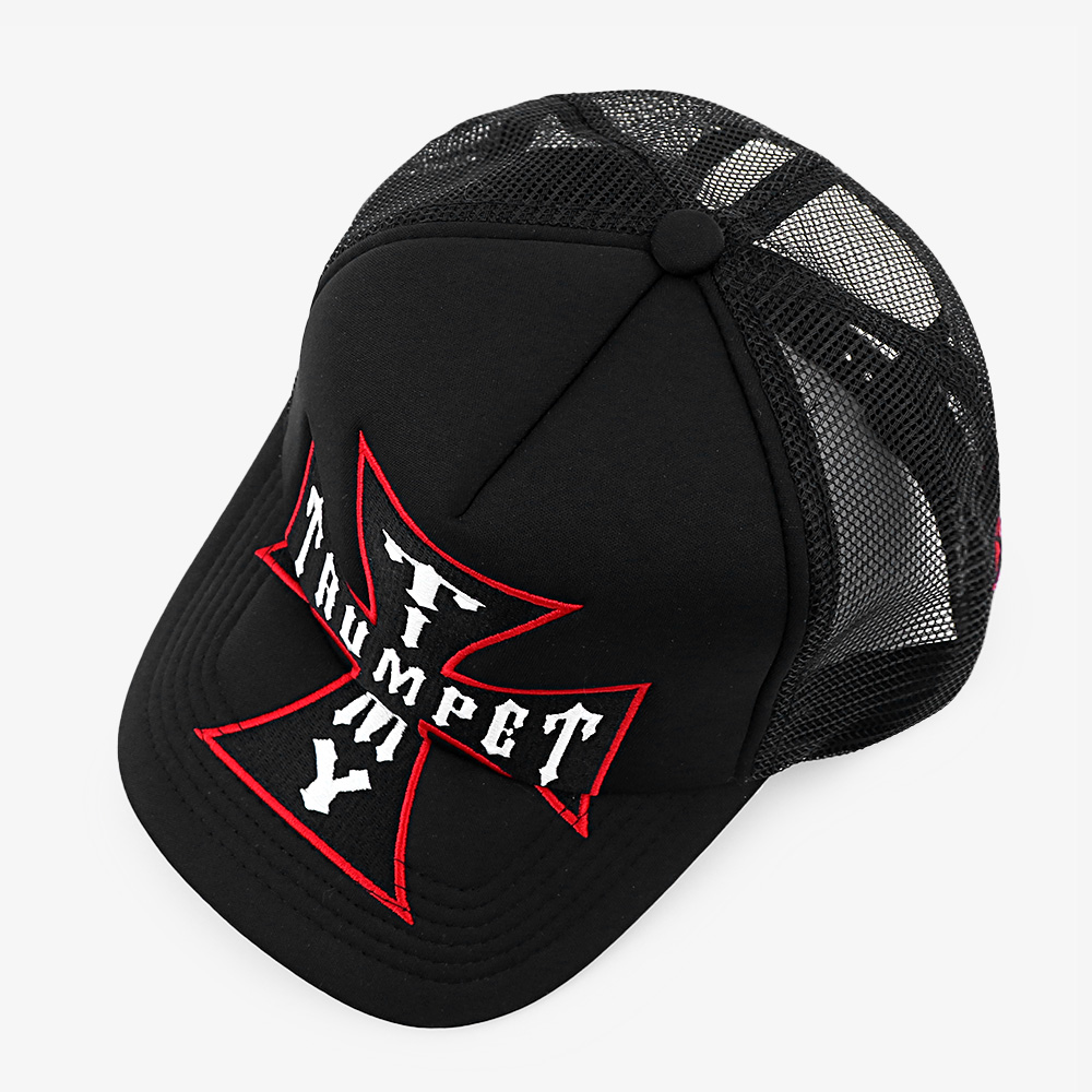 Black Trumpet Cross Embroidered Five-Panel Mesh Trucker Cap