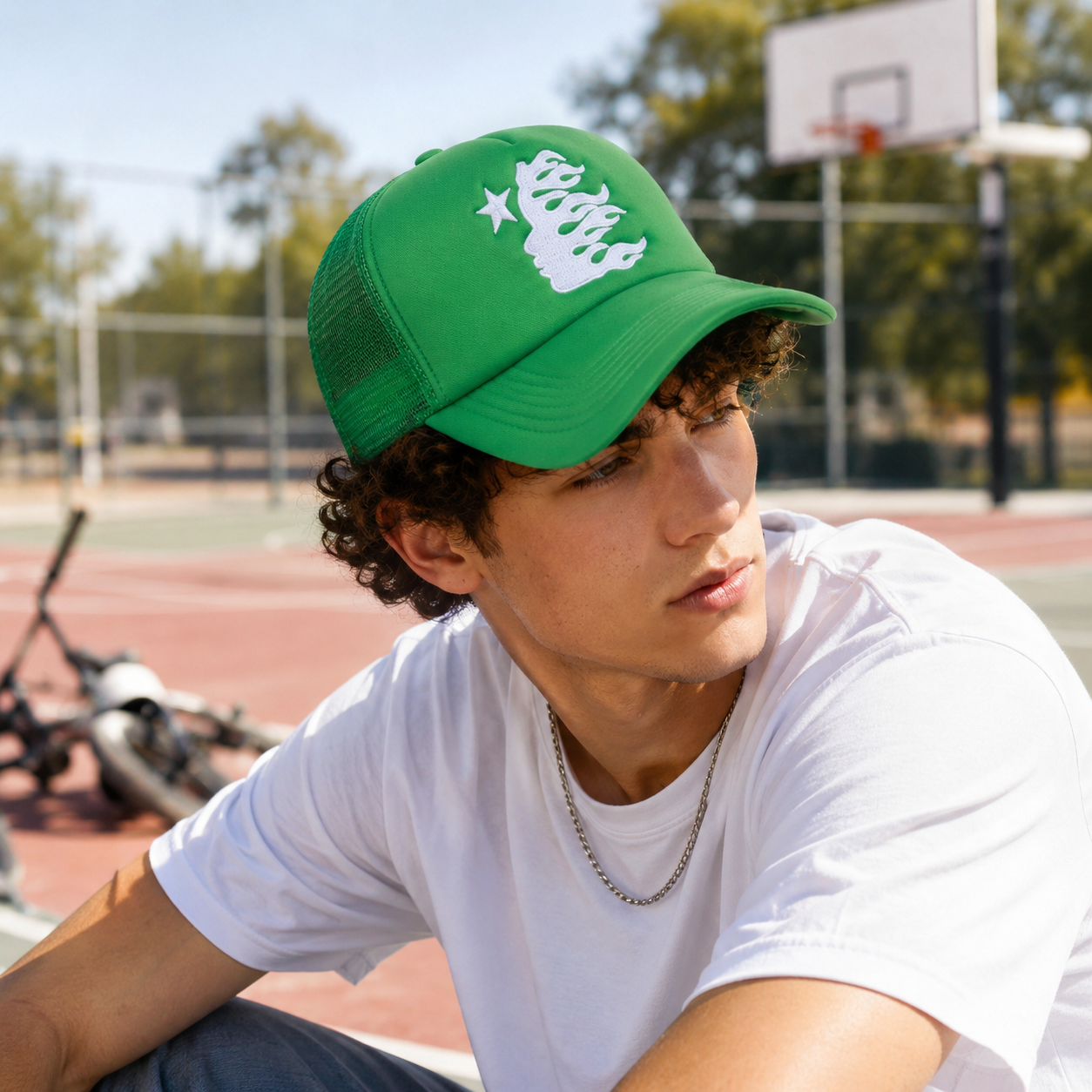 Flame Star Foam Mesh Trucker Hat with White Flat Embroidery
