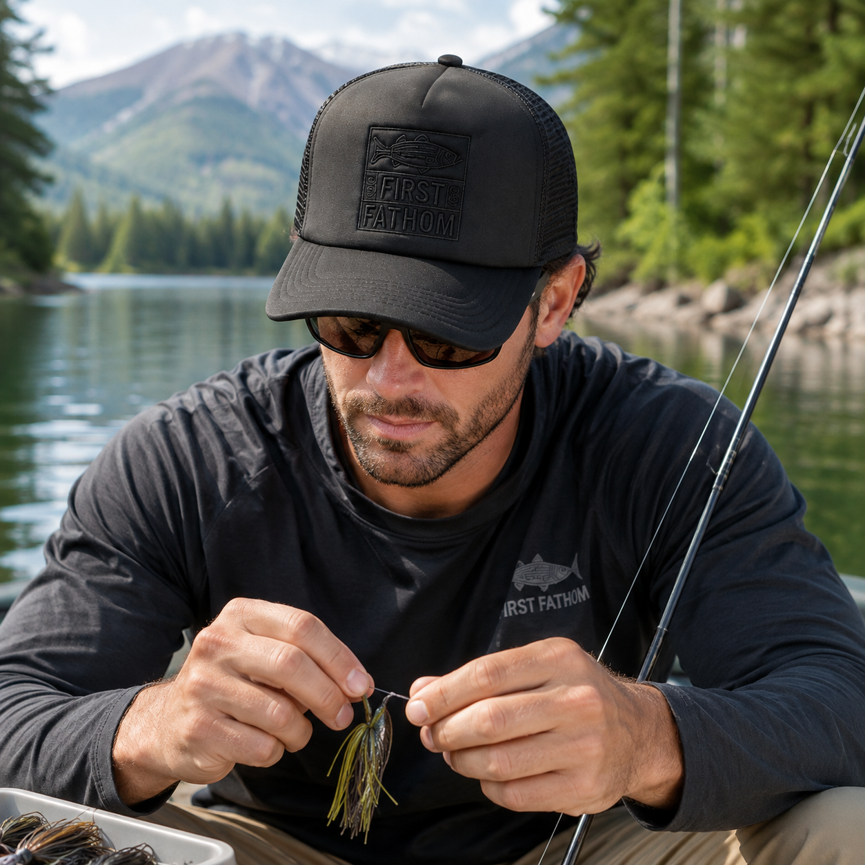 Black Foam Mesh Trucker Hat with Tonal Fish Patch Embroidery