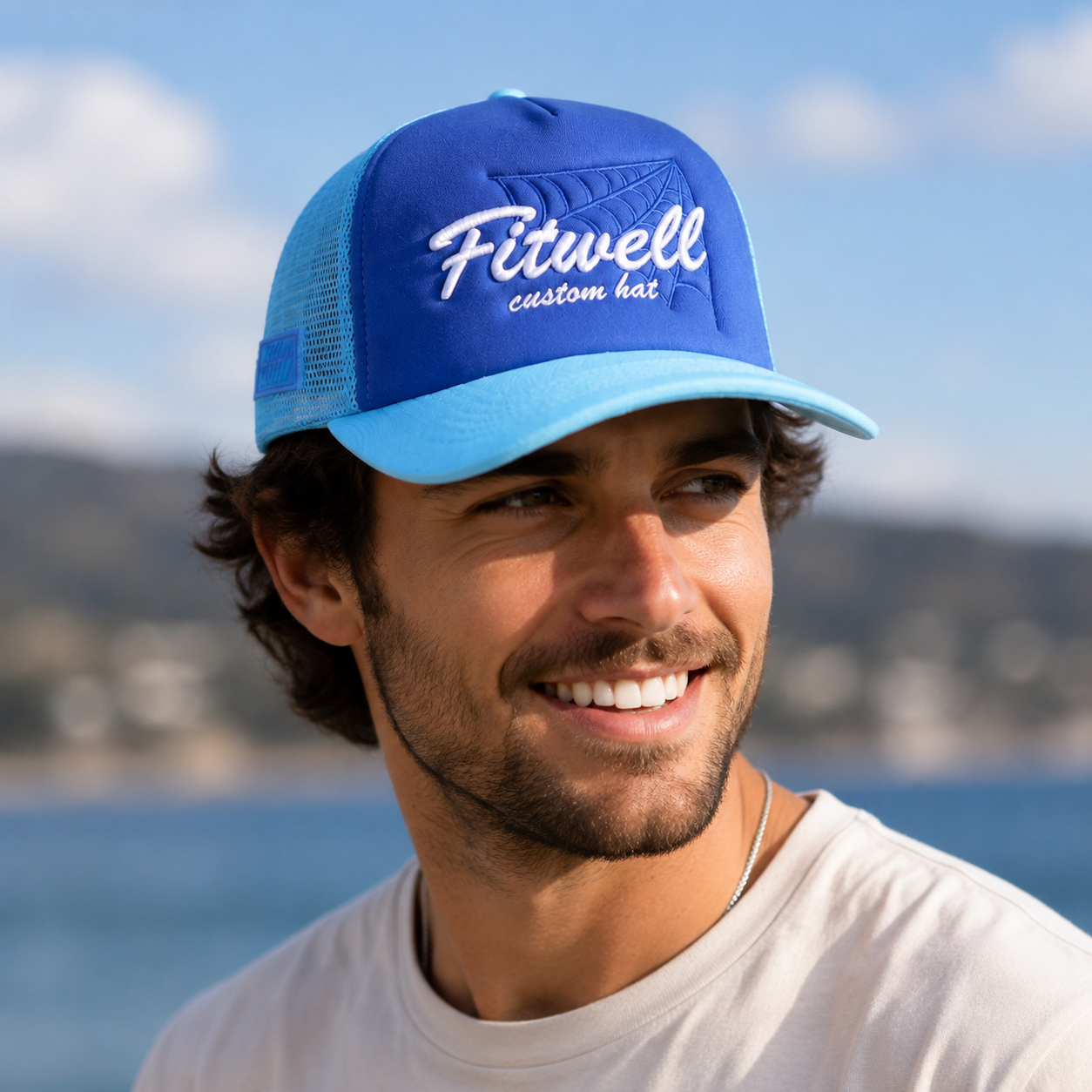Color-Block Five-Panel Foam Mesh Cap with Script Embroidery