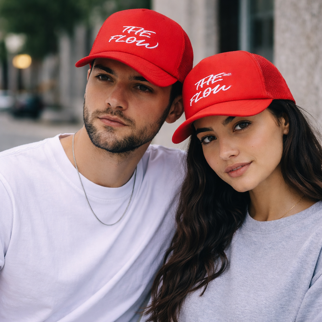 Red Mesh Trucker Cap with White Script Logo