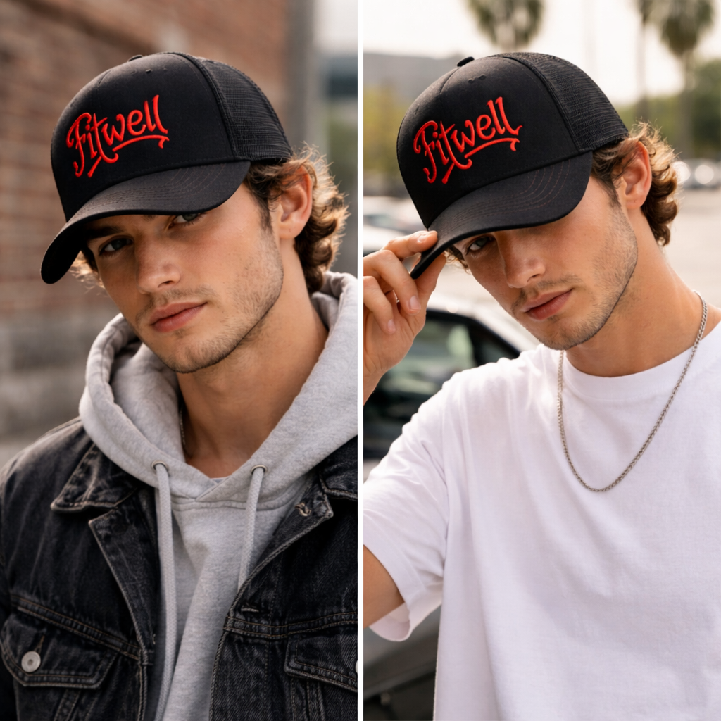 Stylish Black Embroidered Trucker Hat with Red Lettering