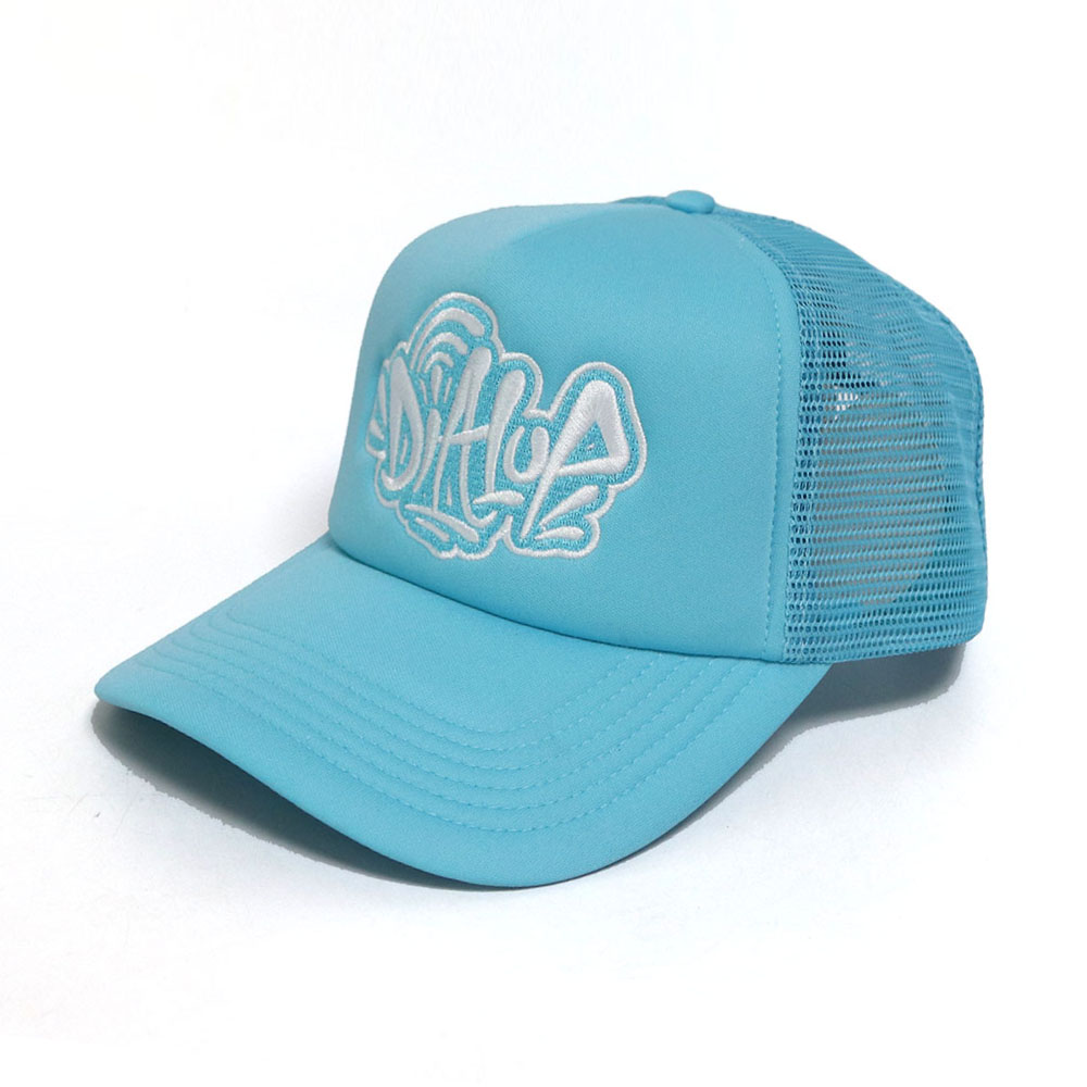 Light Blue Graffiti Embroidered Foam Trucker Cap Breathable Mesh Snapback Hat