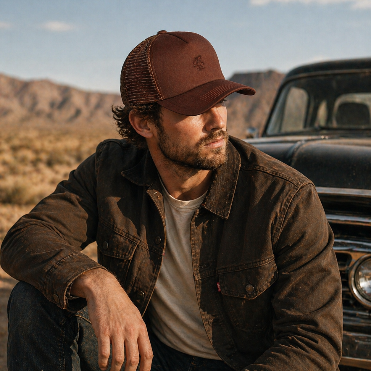 Brown 5 Panel Foam Trucker Hat with Flat Embroidered Logo