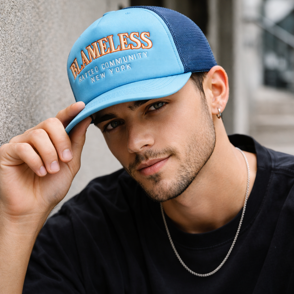 Blue Foam Mesh Trucker Hat with Flat Embroidered Logo