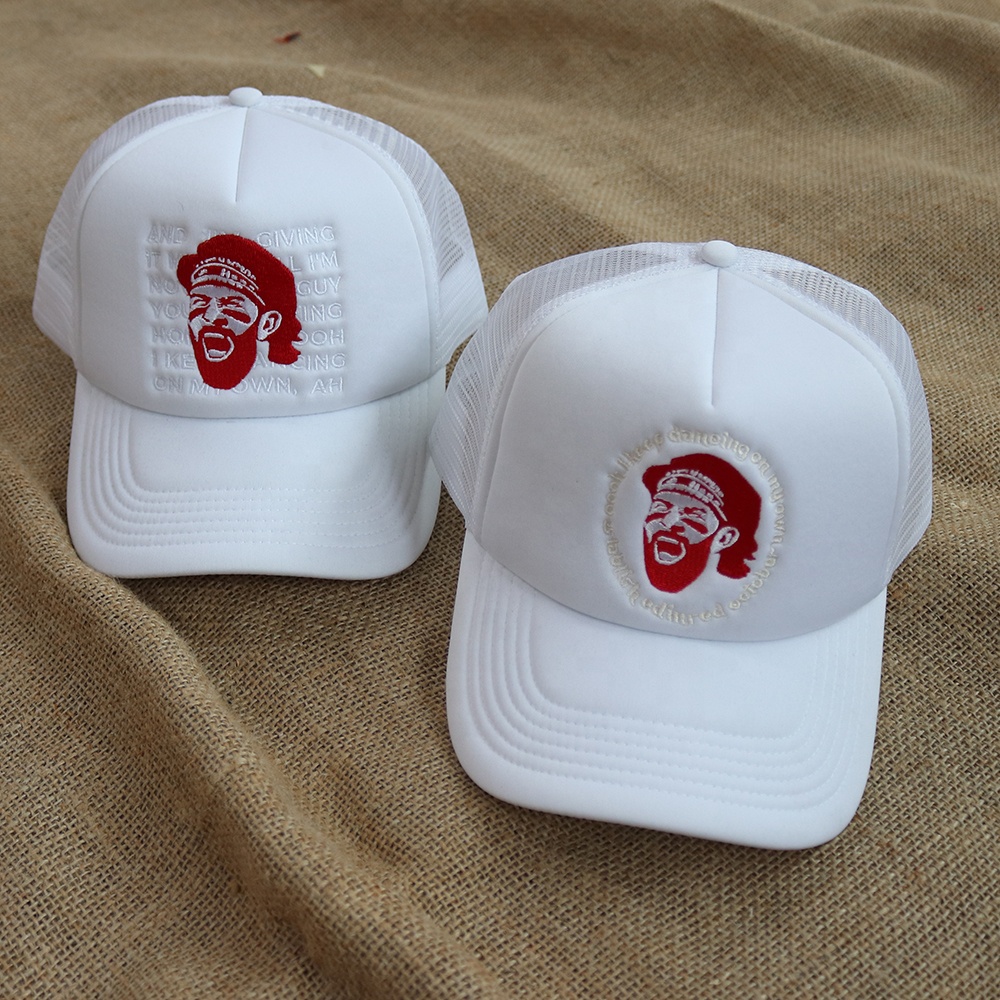 White Foam Front Mesh Back Trucker Cap with Embroidered Graphic Logo