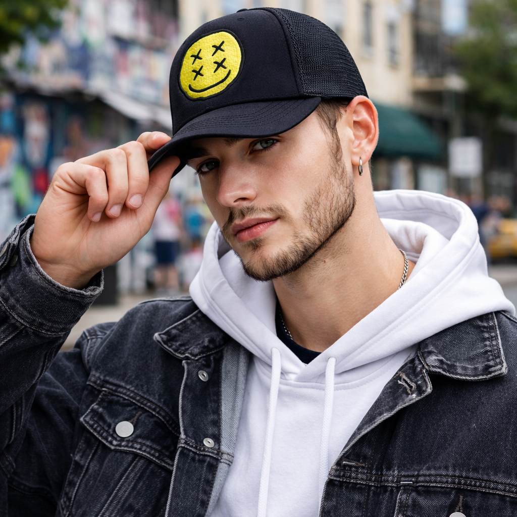 Black Smiley Face Patch Mesh Trucker Cap Casual Street Style Adjustable Hat