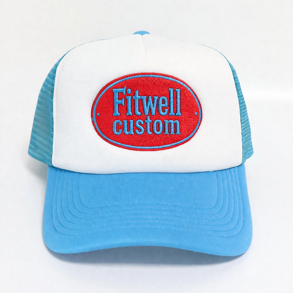 Blue White Foam Trucker Hat Oval Patch Embroidered Logo Mesh Back Cap