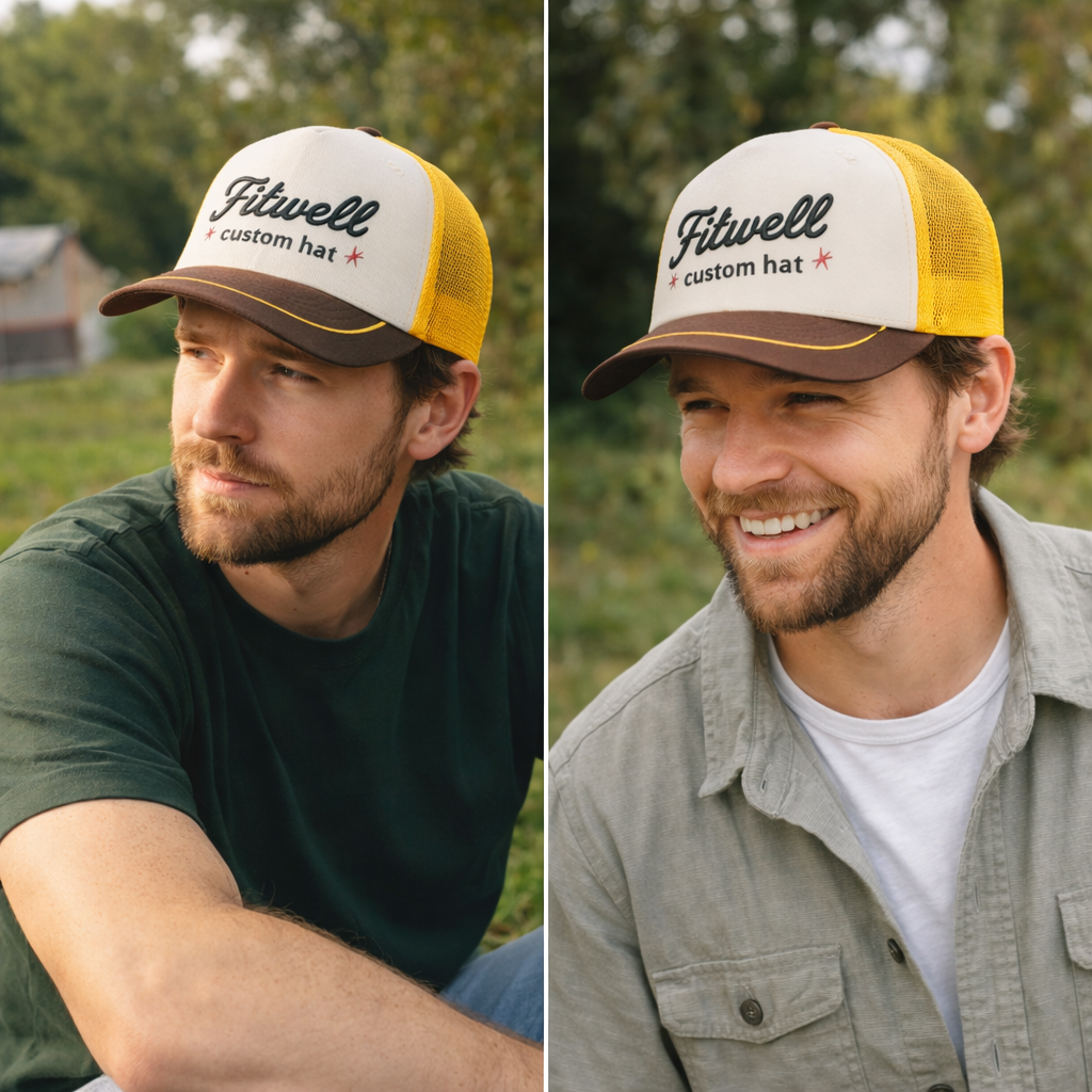 Retro Style Cherry’s Trucker Cap – Brown Yellow Mesh Snapback