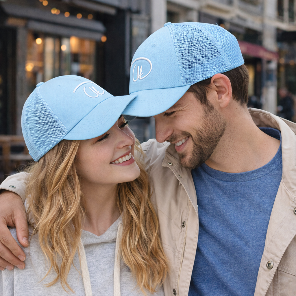 Light Blue Script Logo Mesh Trucker Cap with Curved Brim