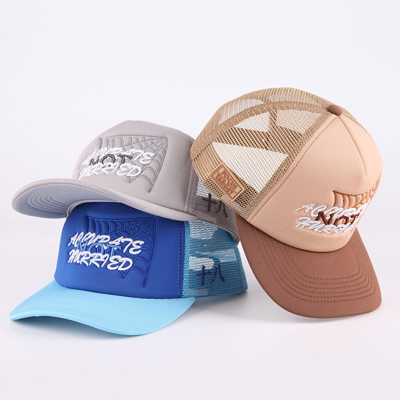 Color-Block Five-Panel Foam Mesh Cap with Script Embroidery