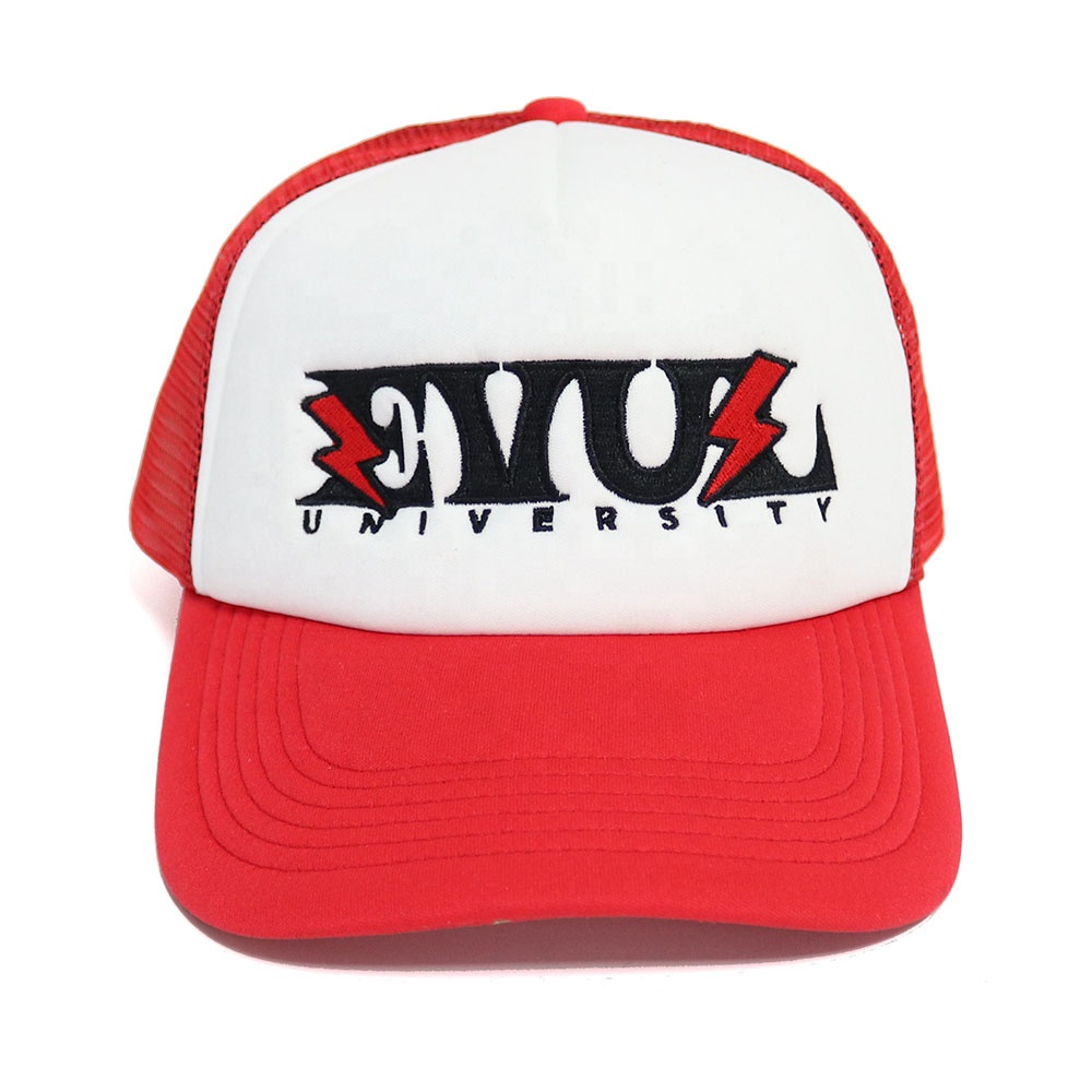 Red and White Foam Trucker Hat with Bold University Embroidery