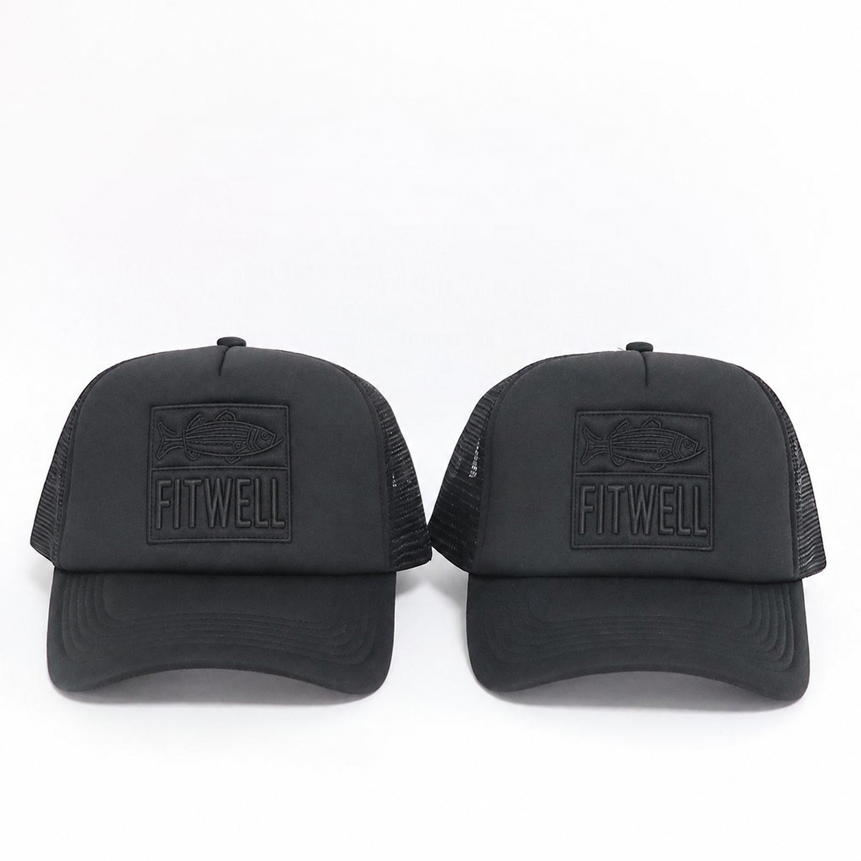Black Foam Mesh Trucker Hat with Tonal Fish Patch Embroidery